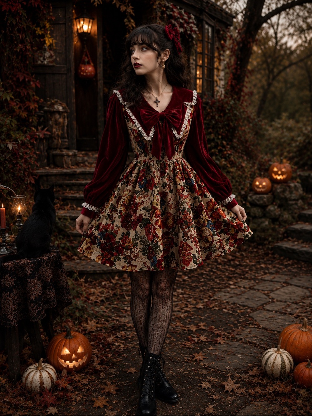 Vintage-Inspired Burgundy Floral Velvet Dress with Bow